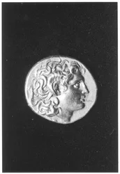 Mynt med Alexander den store och den egyptiske guden Ammons bagghorn, präglad under Lysimachos av Thrakien under den hellenistiska eran